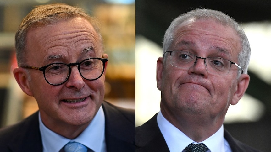 A composite image of close up shots of Anthony Albanese and Scott Morrison.