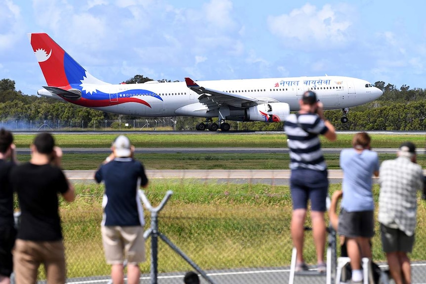 A special Nepal Air flight, repatriating Australian and New Zealanders from overseas, arrives in Brisbane