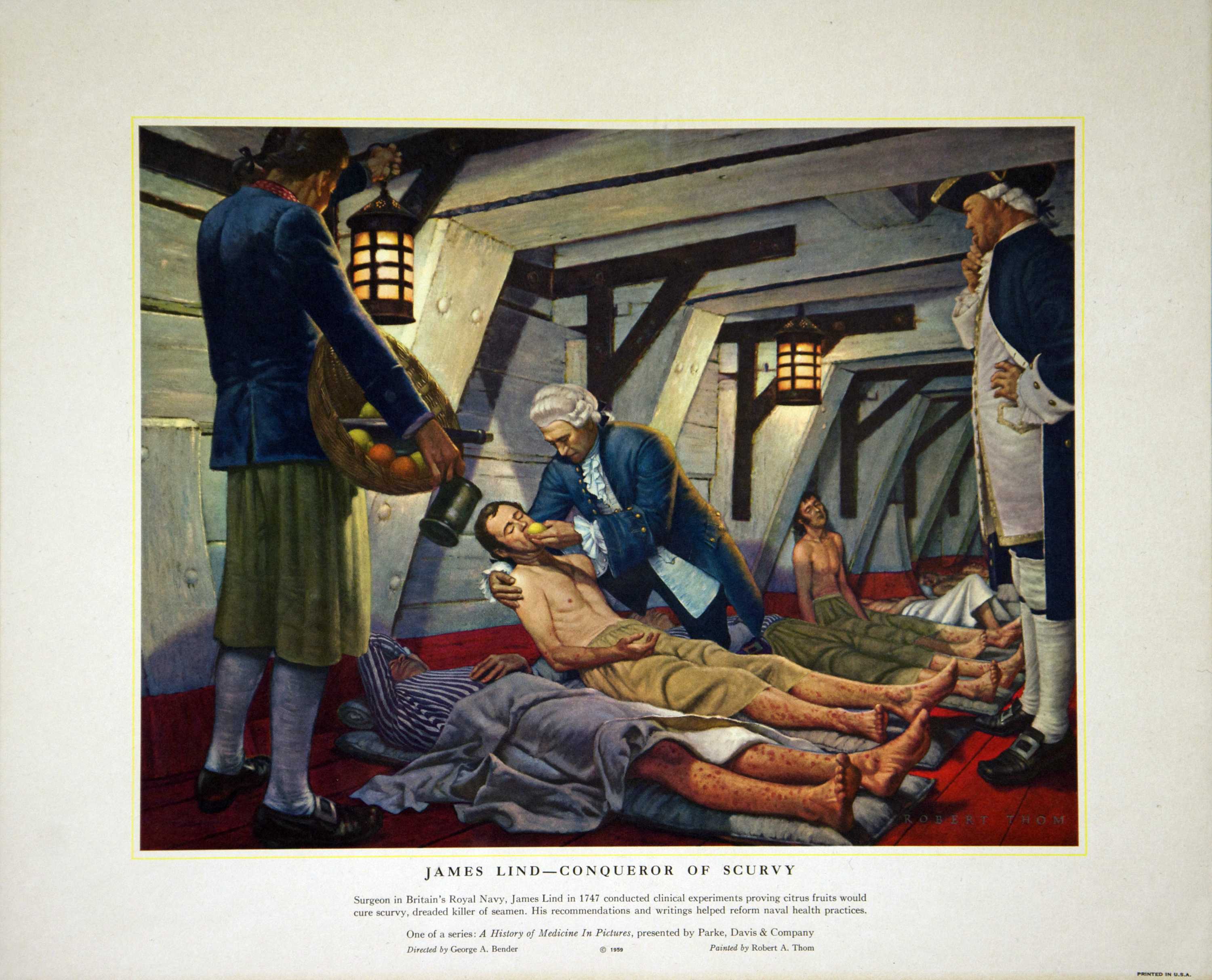Illustration of James Lind giving lemon to a sick sailor