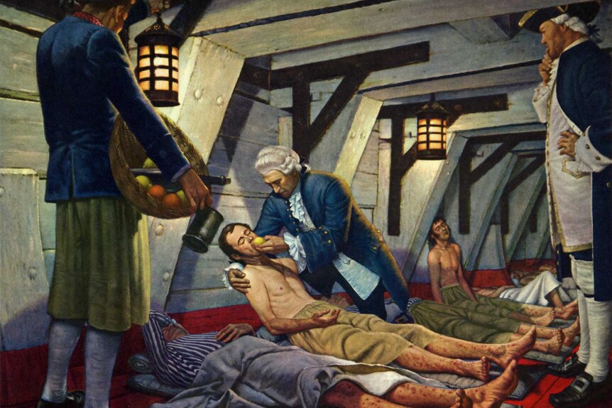 Illustration of James Lind giving lemon to a sick sailor