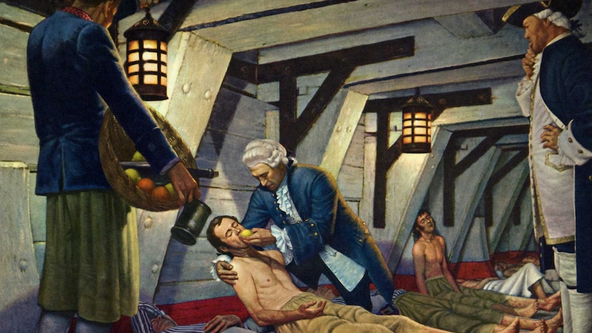 Illustration of James Lind giving lemon to a sick sailor
