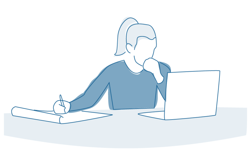 Illustration of an office worker with a ponytail looking at a laptop and writing on paper.