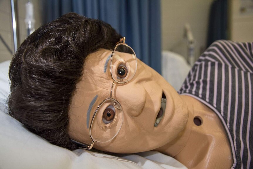 A geriatric training mannequin with glasses and wrinkles