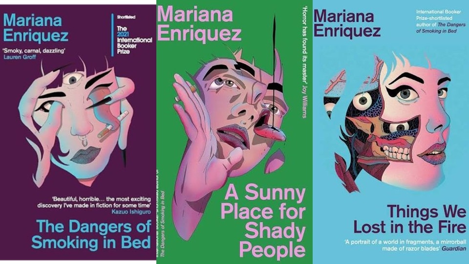 Three books with different covers, all showing abstract art of womens faces