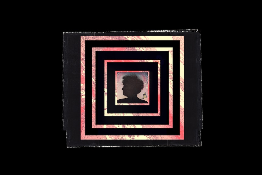 On square black paper, a silhouette of a woman is framed by four pink and white concentric square outlines.