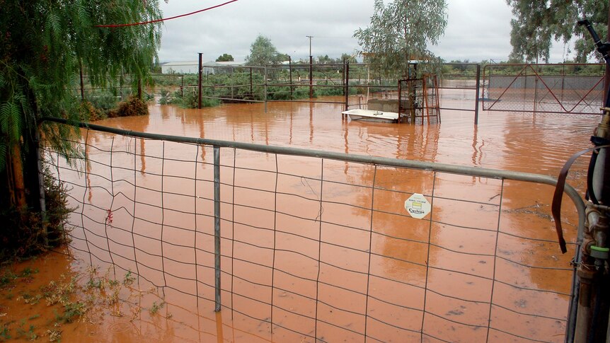 Floodwaters cover livestock yards on a property at Silverton.