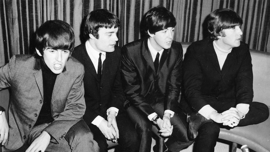 The Beatles, George Harrison, Jimmy Nichol, Paul McCartney and John Lennon, at Sydney press conference in 1964.