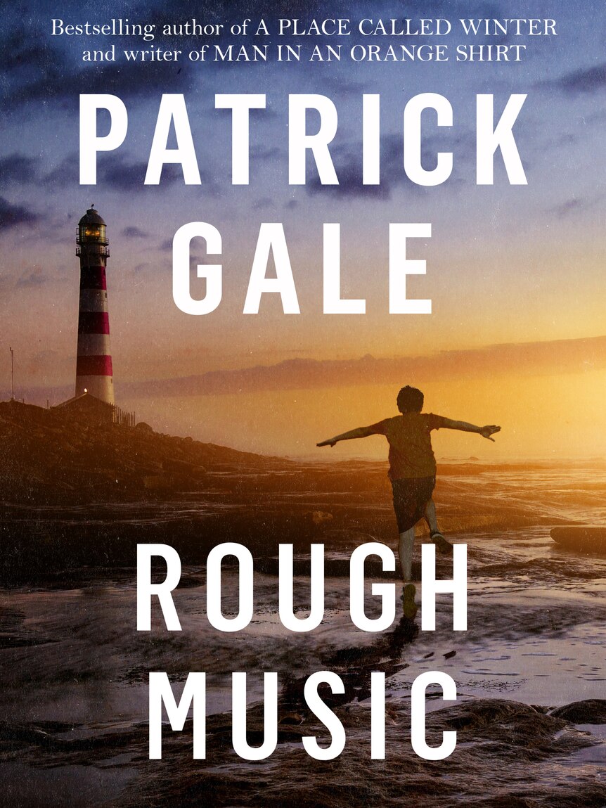 A book cover with someone running along a beach near a lighthouse. Text says Patrick Gale Rough Music.