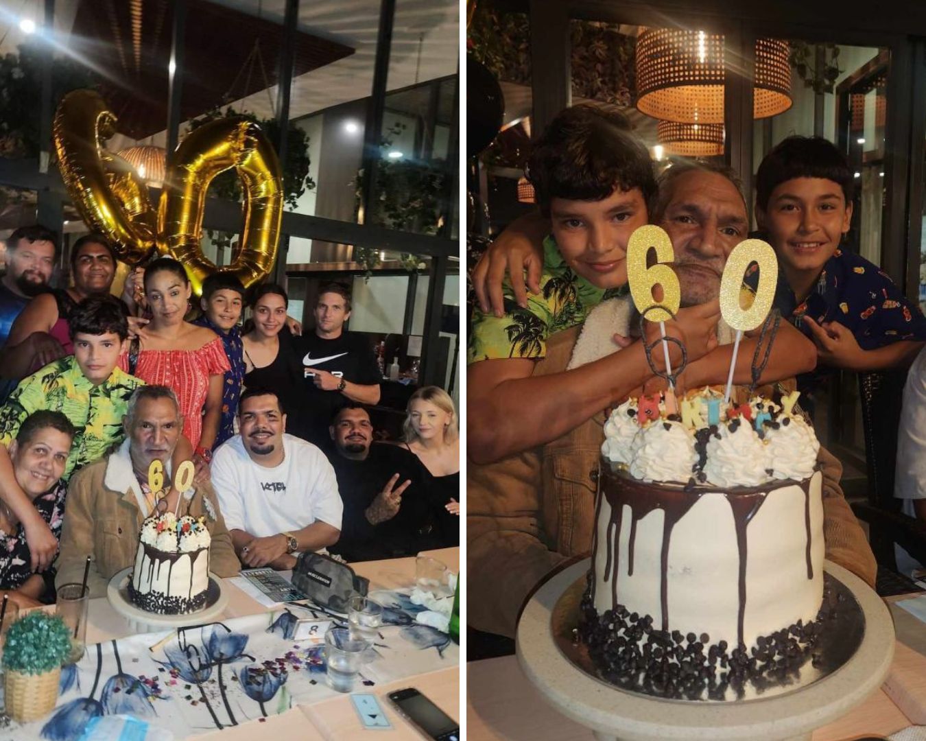 People celebrating a birthday with a large cake.