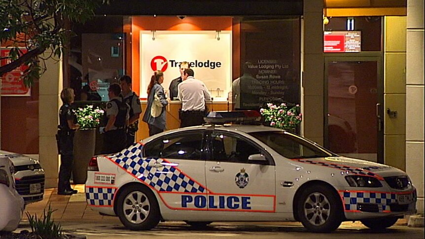 Police cars parked outside the reception doors of the Mount Gravatt Travelodge.
