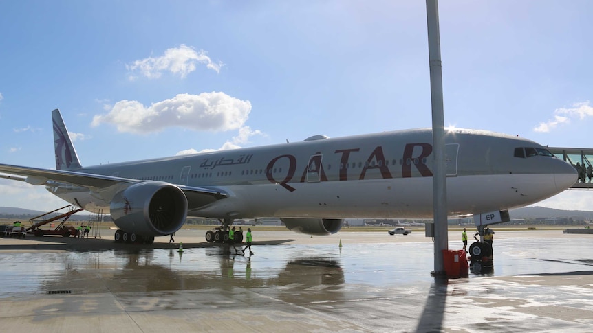 A Qatar Airways at the gate on a clear, sunny day.
