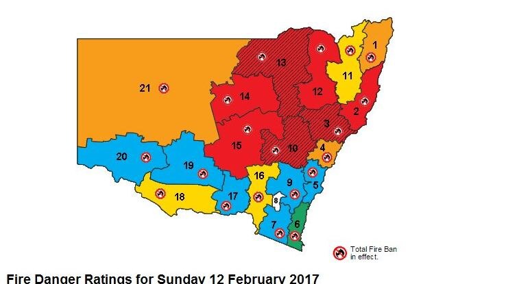 Map showing catastrophic fire danger in the Greater Hunter, Central Ranges and North Western parts of NSW.