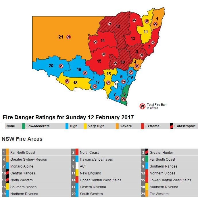 Map showing catastrophic fire danger in the Greater Hunter, Central Ranges and North Western parts of NSW.