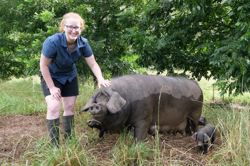 A woman in a field with a pig