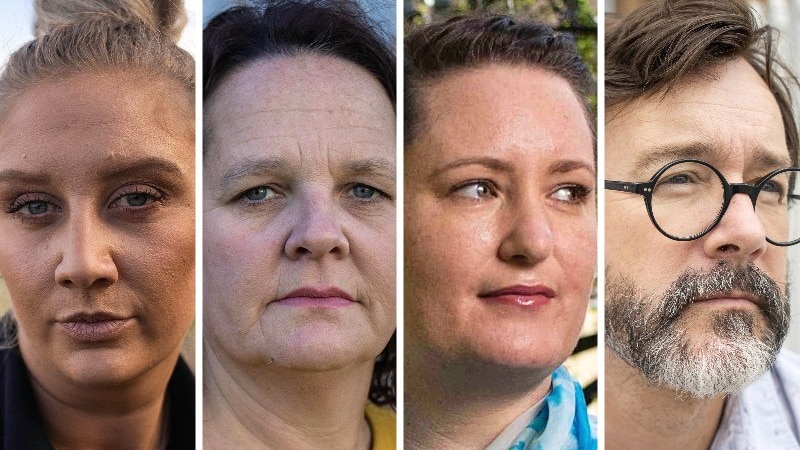 A composite of four people's faces - three women and one man.