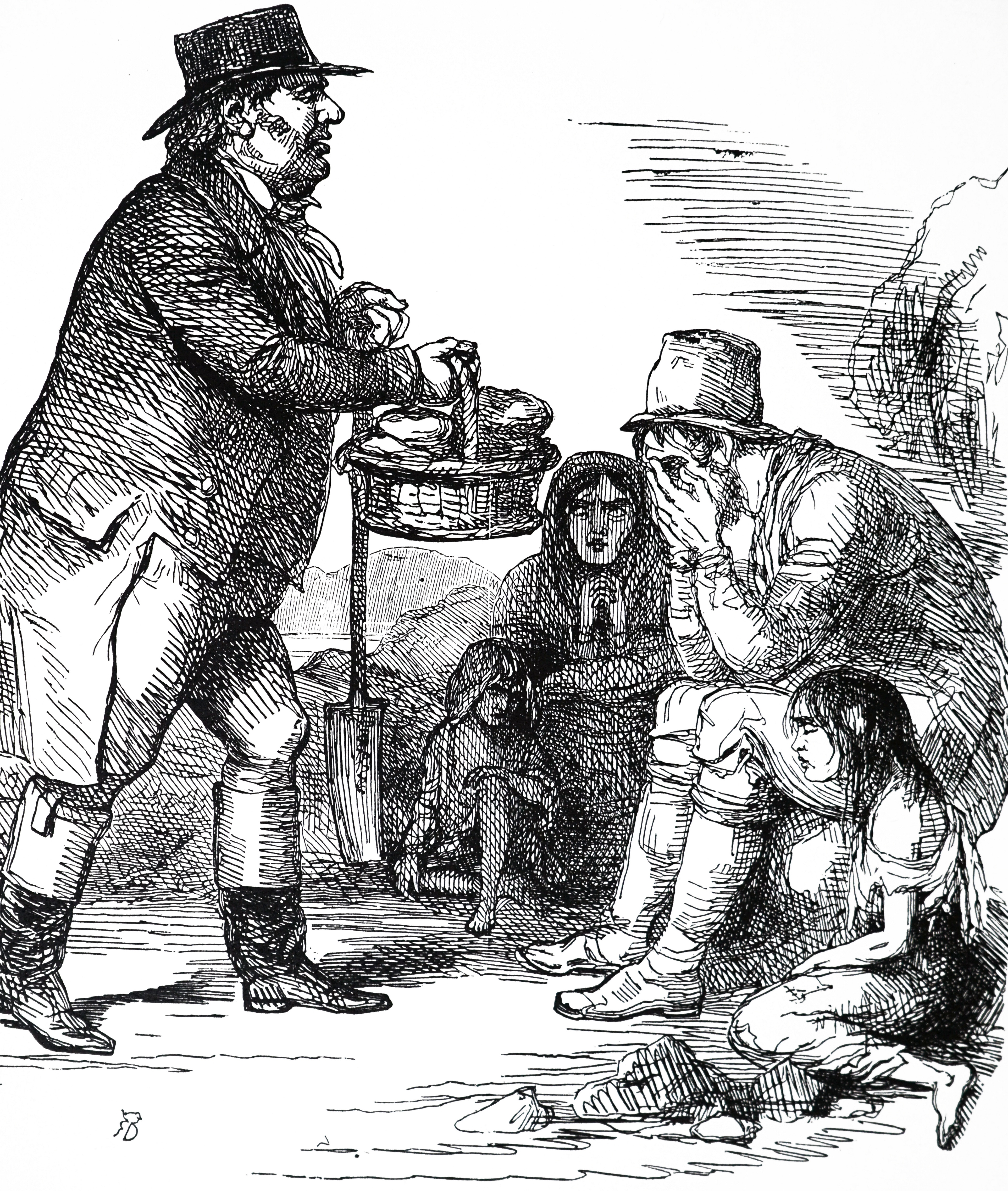 A black and white cartoon of a man sobbing on the ground with his family as a man walks by with a basket.