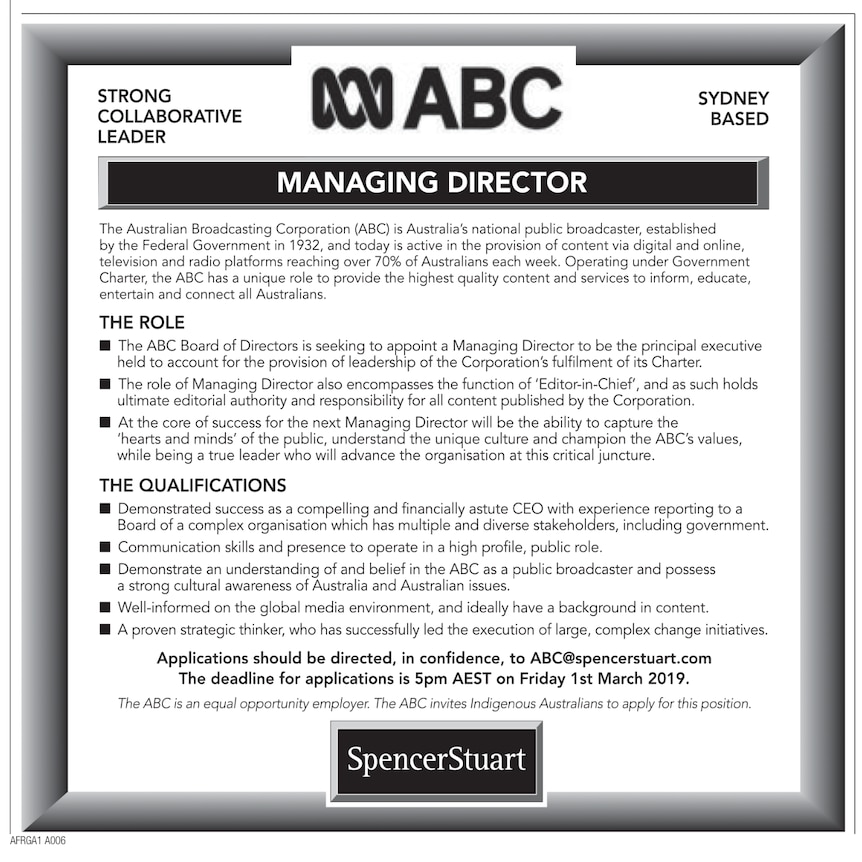 ABC managing director advertisement, run in major newspapers on February 15, 2019.