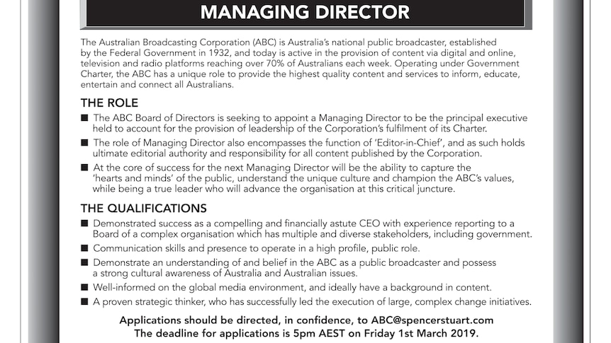 ABC managing director advertisement, run in major newspapers on February 15, 2019.