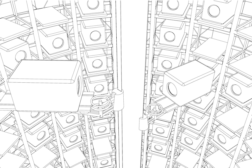 A black-and-white sketch shows the inside of a capsule tower, with a mechanism for pods to be moved around via a central rod