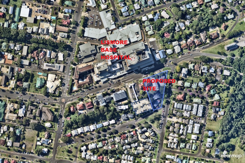 A google aerial map showing where the proposed new hospital will be located.