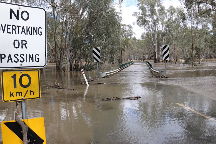 Flood waters over the road at Kialla, near Shepparton.