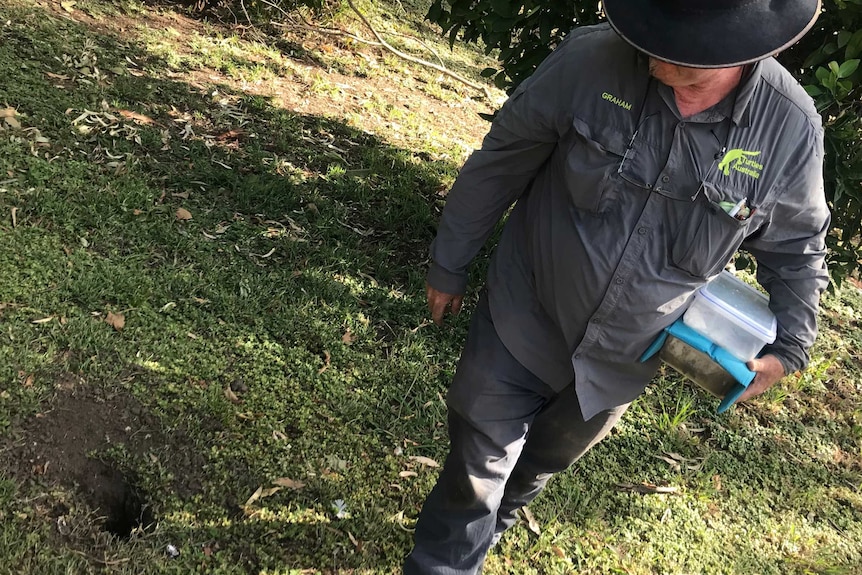 Turtles Australia President Graham Stockfeld stands next to what appears to be an uncovered dug up hole in the ground.