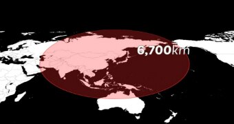 A black and white television graphic of a map shows the 6700km radius of North Korea's test thaad missile launch