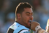 Cronulla's Andrew Fifita and the Sydney Roosters' Sam Moa exchange words at Shark Park in June 2015.