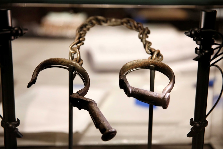 Slave shackles are seen in a display case