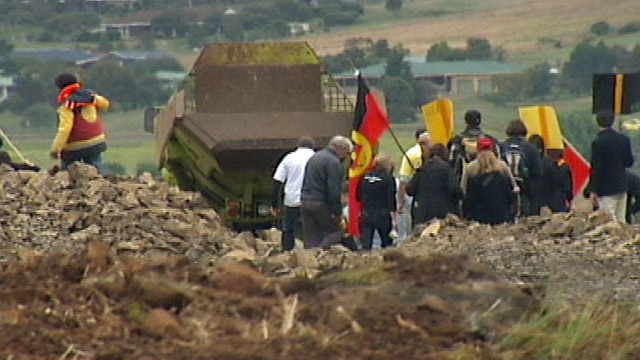 Aborigines protest at Brighton roadworks, Tasmania.