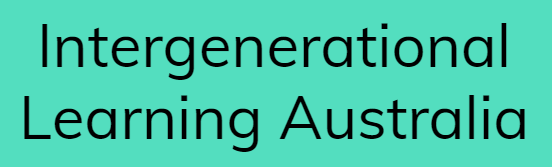 An aqua green background with the words Intergenerational learning australia in black