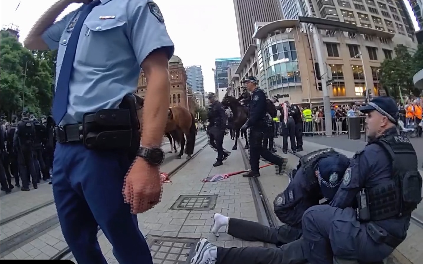 nsw police officers hold a person down on a street in sydney cbd during herzog protest