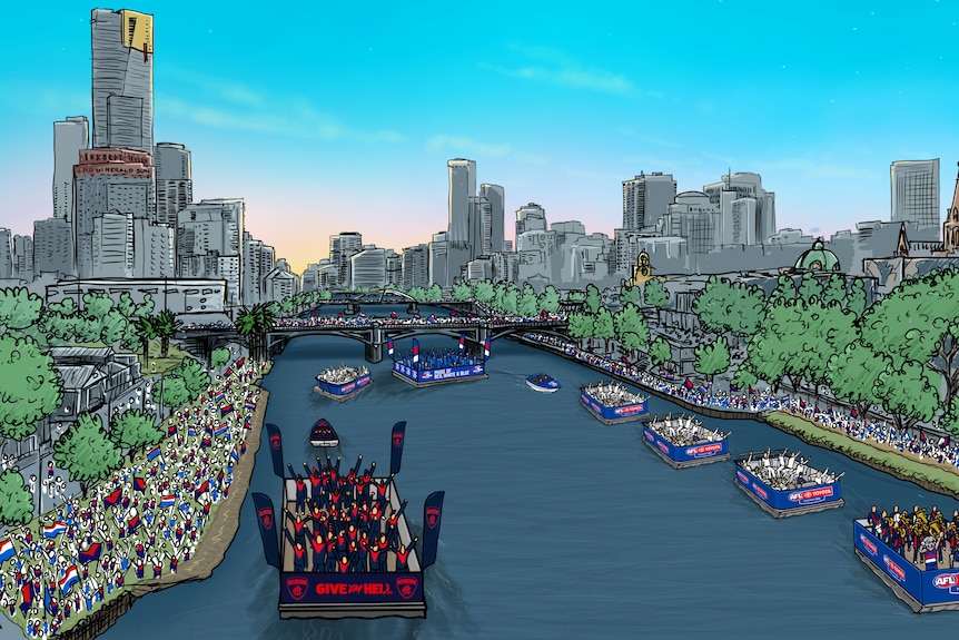 A drawing of a parade of boats on the Yarra River.