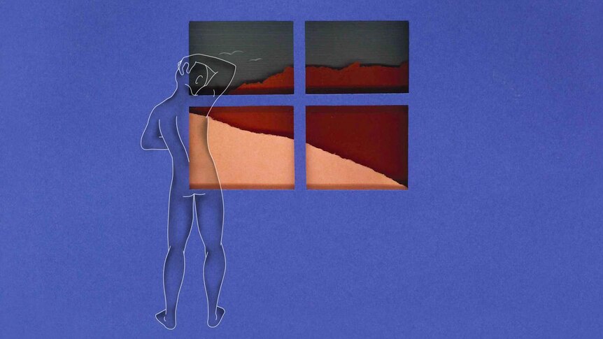 An illustration of a naked figure looking out of a window