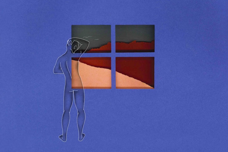 An illustration of a naked figure looking out of a window