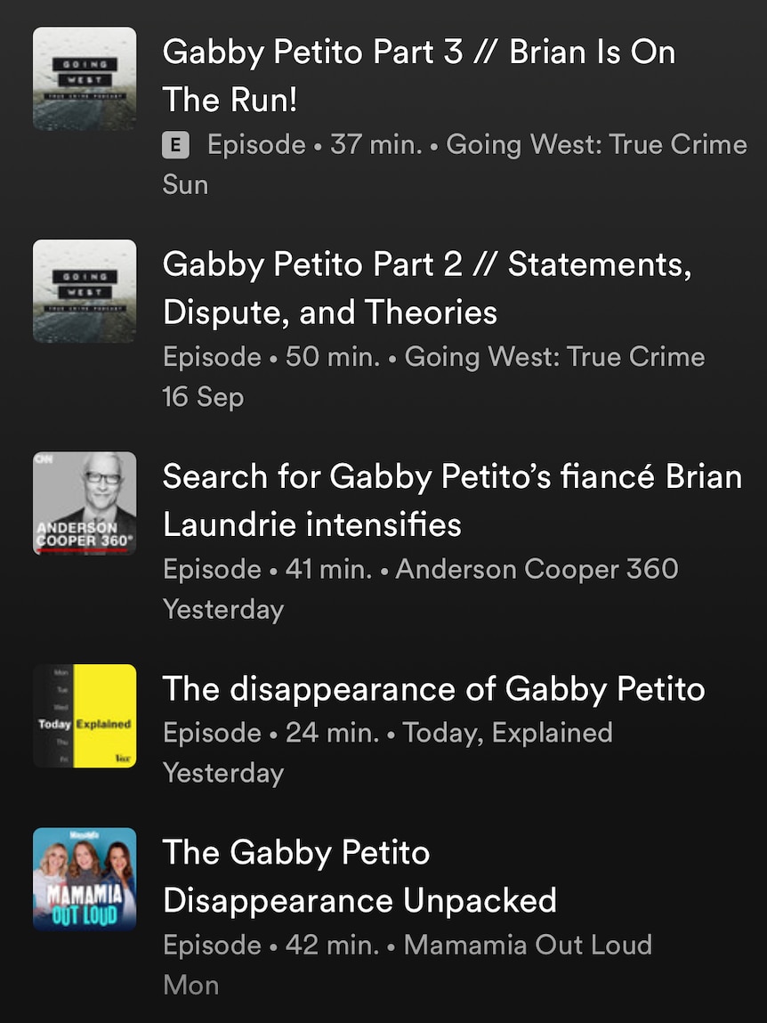 A screenshot of Spotfy's page of podcasts covering Gabby Petito