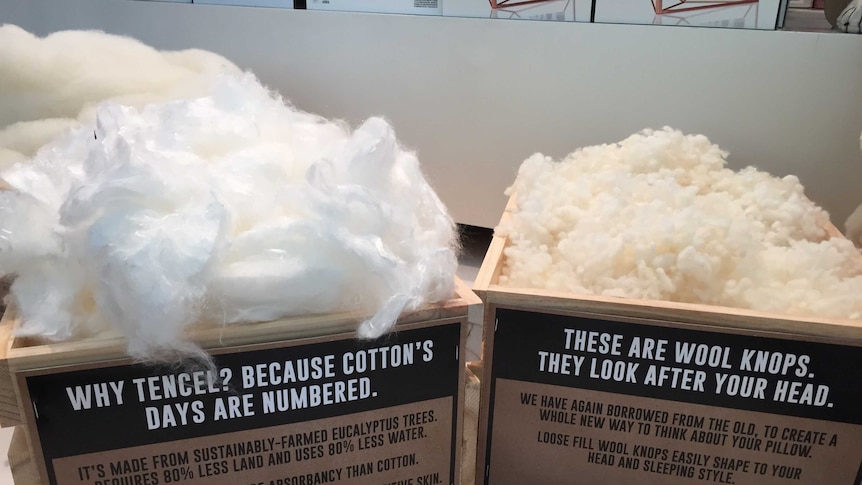 Boxes of tensel fibre made from Eucalyptus trees and tight woollen balls at a shop in Sydney