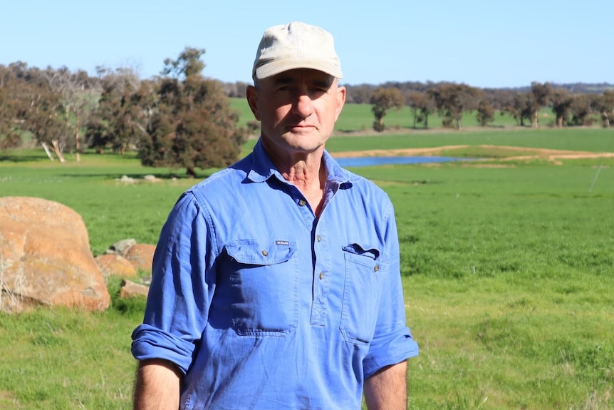 A farmer in shirt stands in green paddock