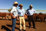 Queensland Premier Campbell Newman with grazier David Carter, left, and Agriculture Minister John McVeigh, right.