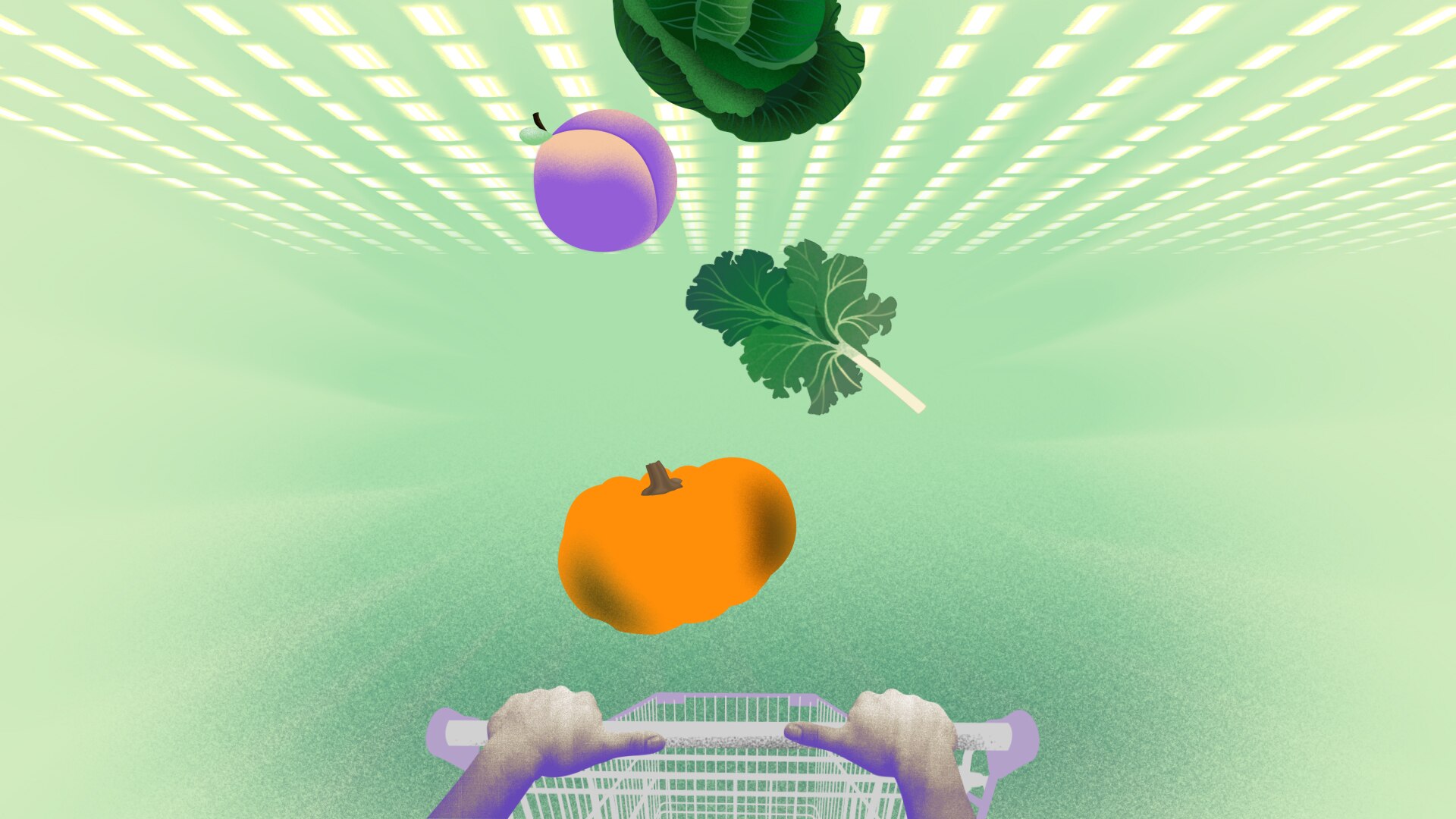 Illustration of a fruit and vegetables falling from bright background into trolley.