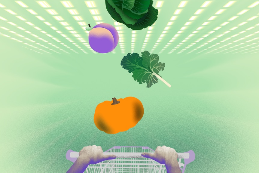 Illustration of a fruit and vegetables falling from bright background into trolley.