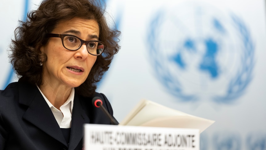 Nada Al-Nashif speaks seated at UN.