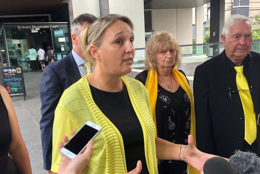 Annette Mason's sister Linda Mason speaks to the media outside the Brisbane Magistrates Court.