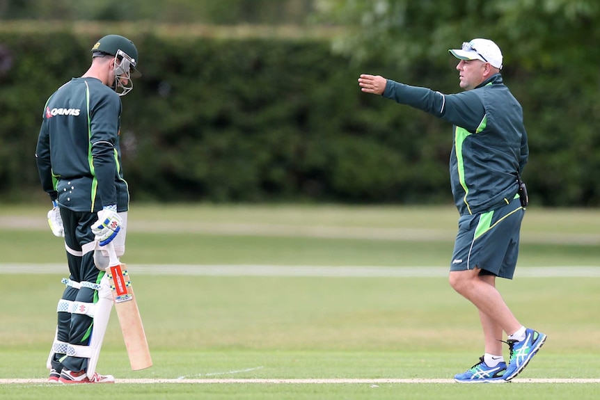 Darren Lehmann directs Shaun Marsh during an Australian training session