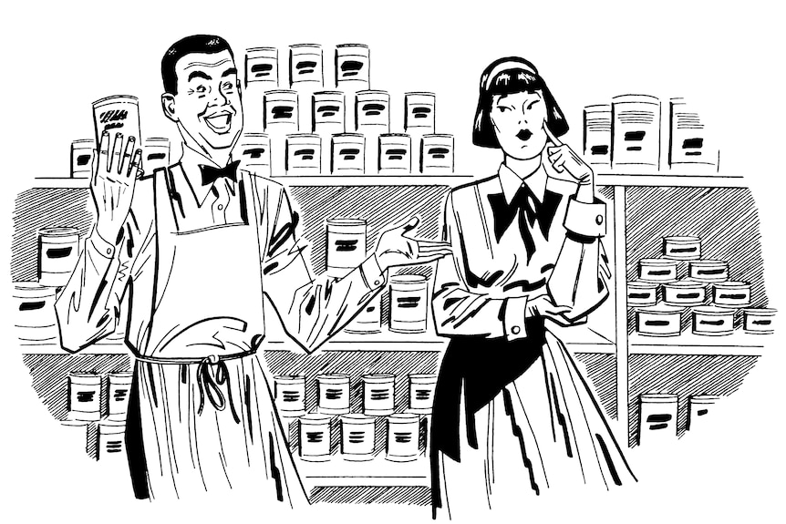 Un gráfico en blanco y negro de una mujer que parece pensativa mientras un hombre le ofrece una lata.  Detrás de ellos hay latas. 