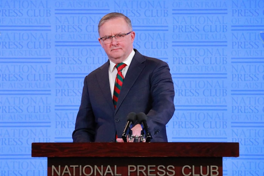 Anthony Albanese at a podium.