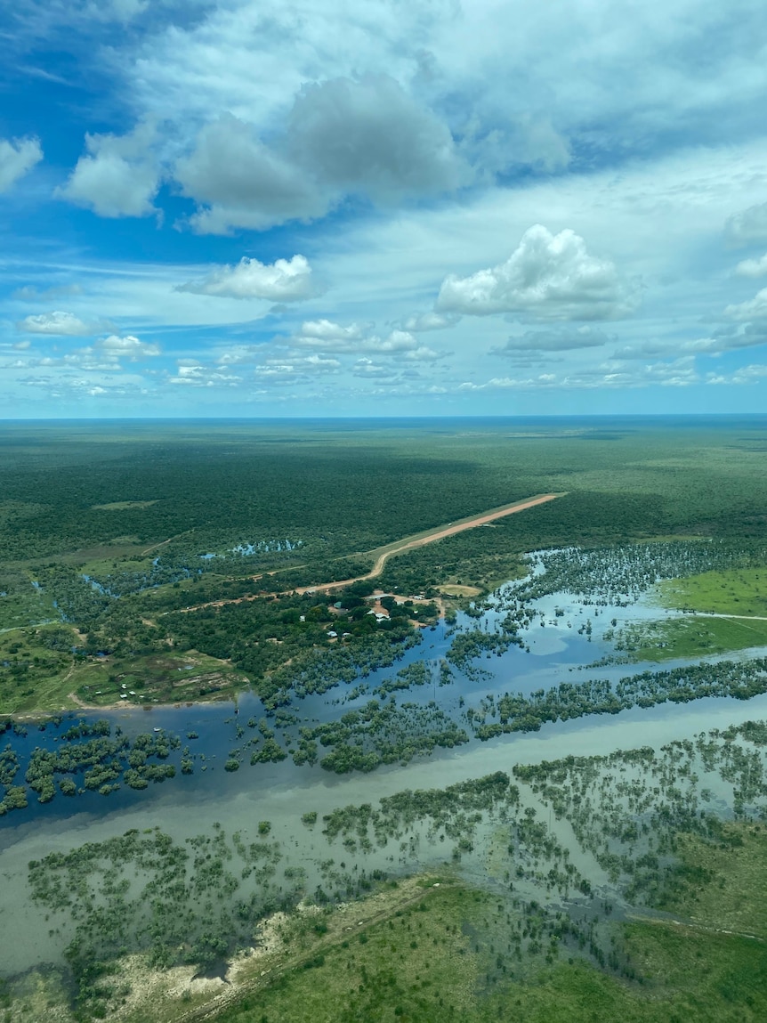 An aerial photo of a green and flooded landscape