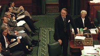 Then Prime Minister Malcolm Fraser speaks at the Dispatch Boxes during Question Time in Parliament House, Canberra in 1979. (...