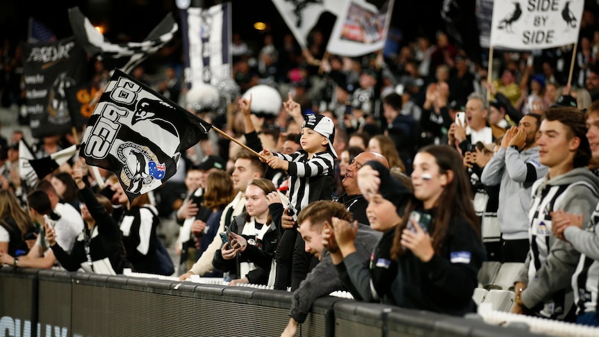 Footy fans wearing the black and white colours of Collingwood cheering and waving flags at a game.