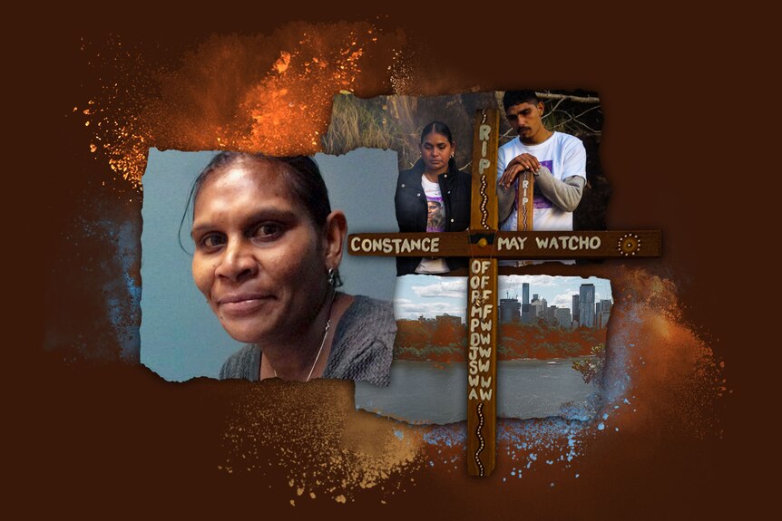 A collage image of Constance Watcho (left), two of her children (top right) and the Brisbane skyline. 